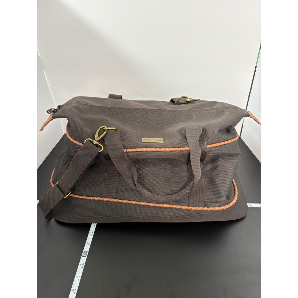 Tommy Bahama Mojito Duffel Bag Large Brown Canvas Woven Trim Travel Weekender